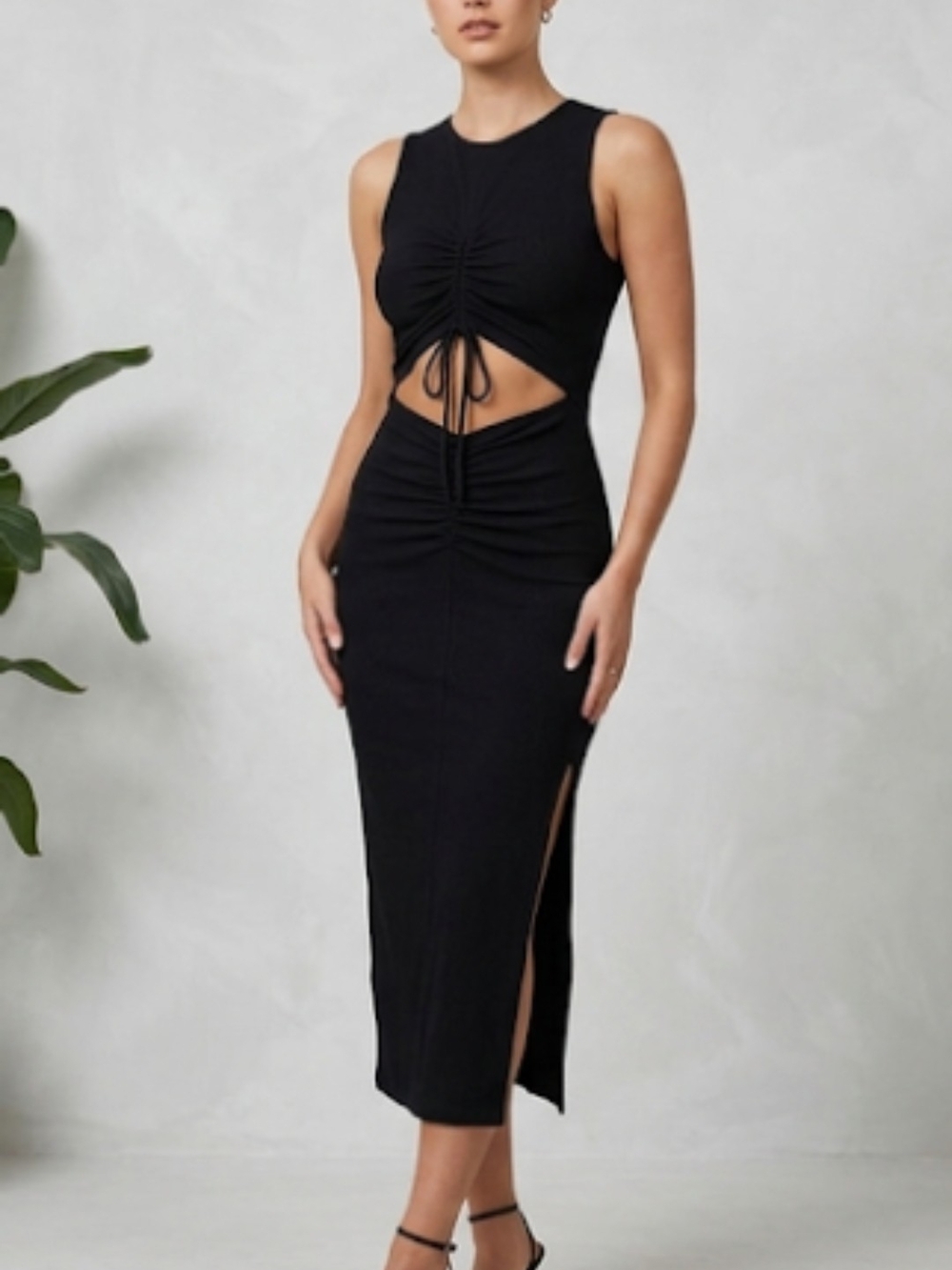4th + Reckless Black RuchedbRiibbed  Cutout Midi Dress